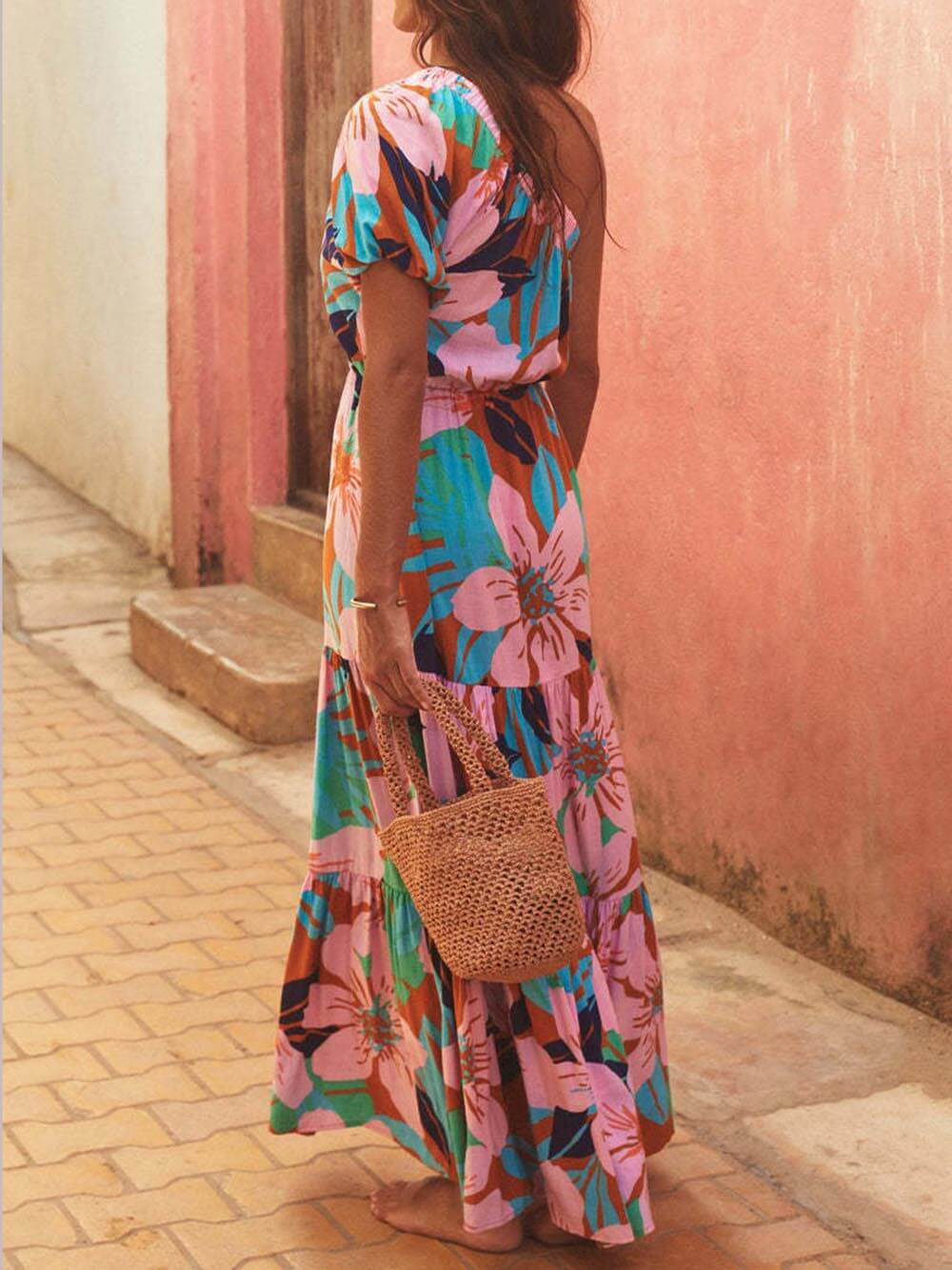 Off-Shoulder Palm Leaf Print Holiday Style Floral Dress - Riviera London