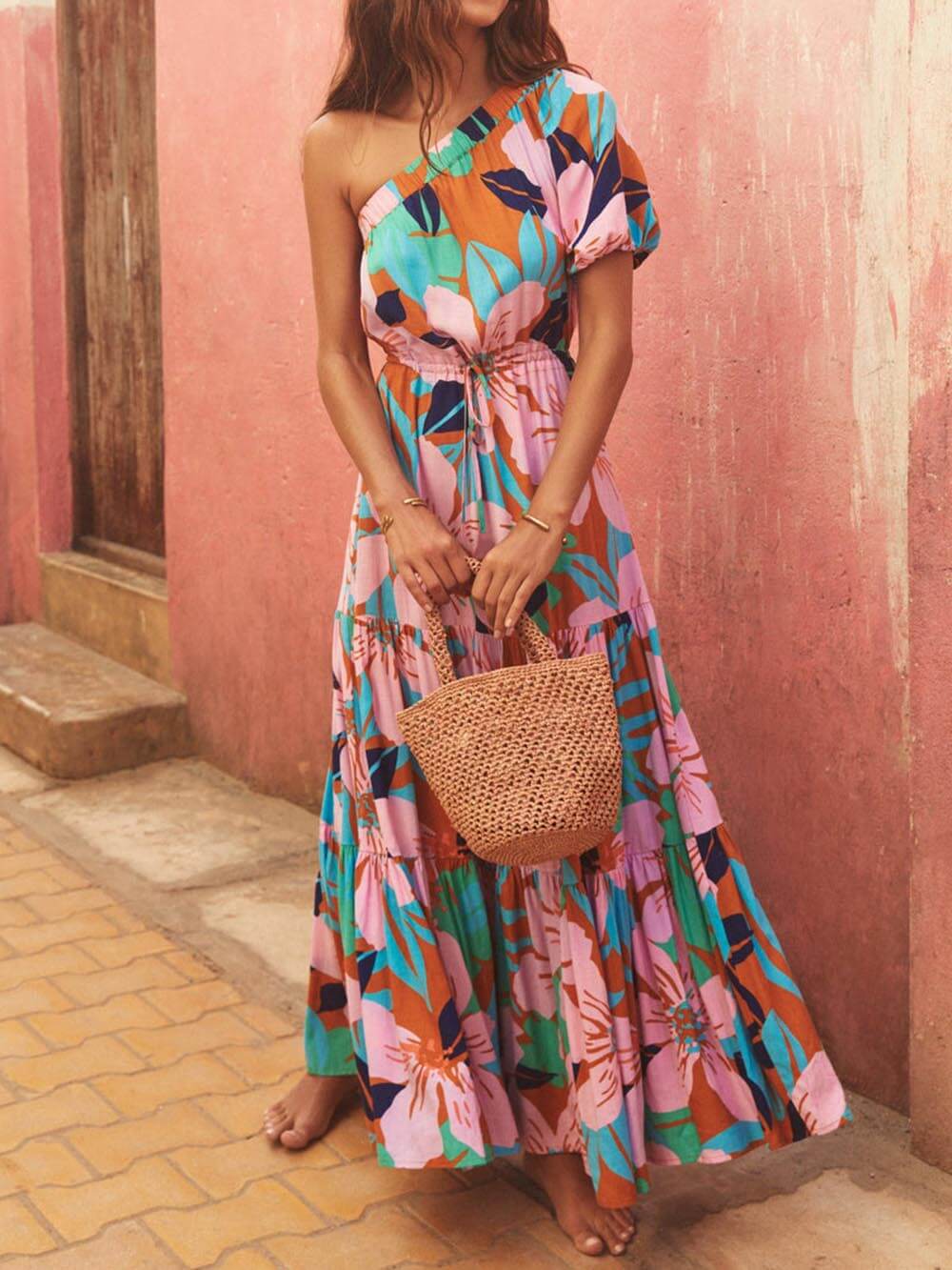 Off-Shoulder Palm Leaf Print Holiday Style Floral Dress - Riviera London