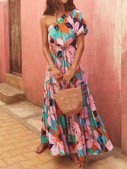 Off-Shoulder Palm Leaf Print Holiday Style Floral Dress - Riviera London