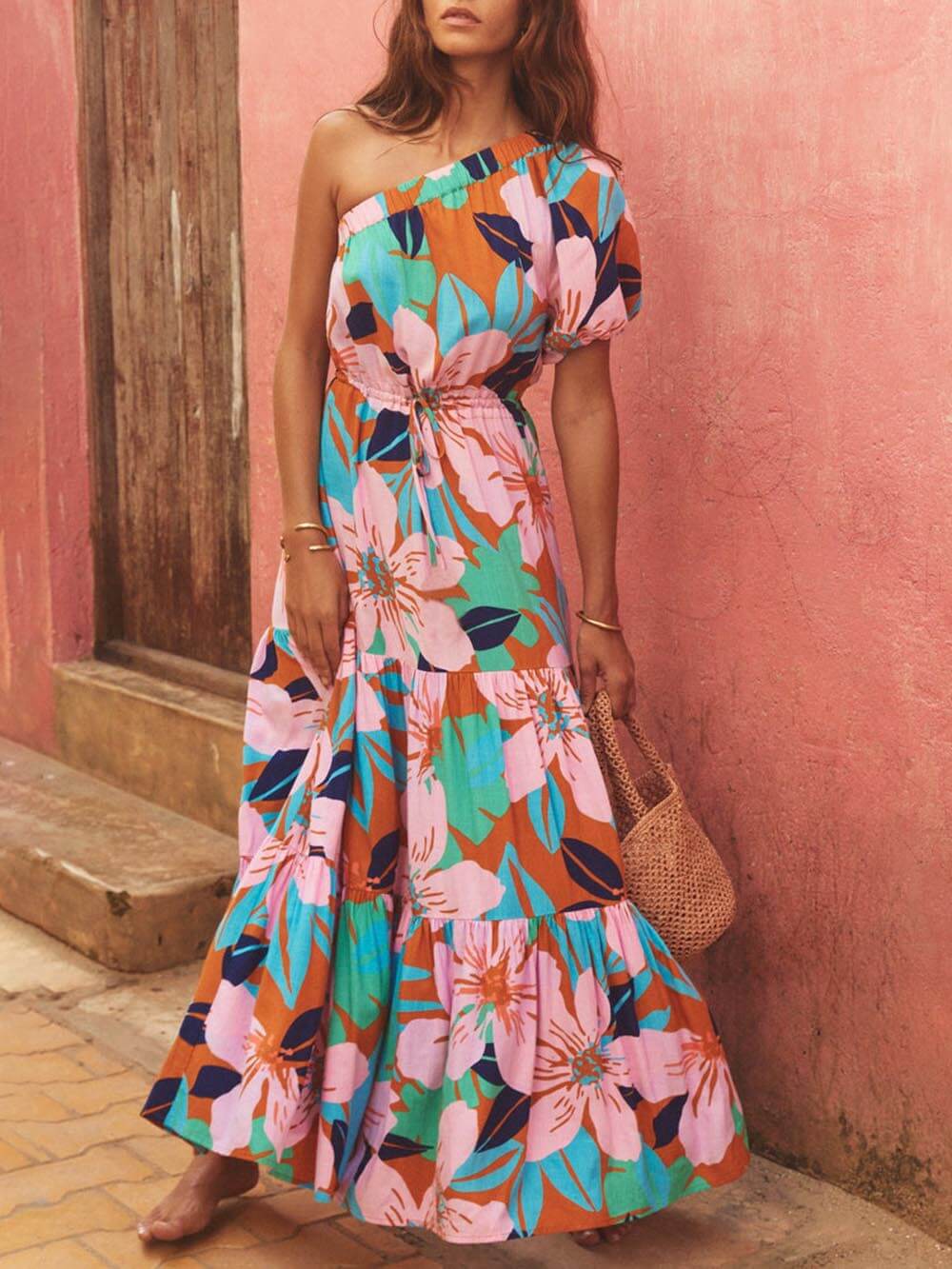 Off-Shoulder Palm Leaf Print Holiday Style Floral Dress - Riviera London