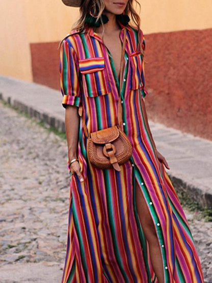 Casual Striped Printed Shirt Maxi Skirt - Riviera London