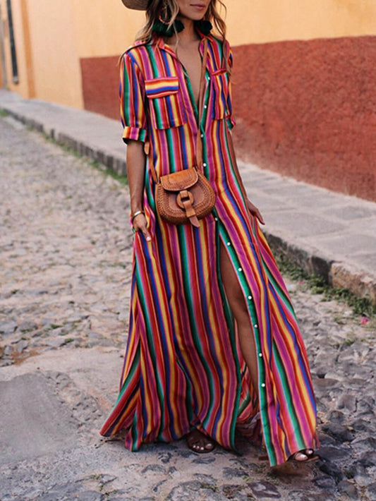Casual Striped Printed Shirt Maxi Skirt - Riviera London