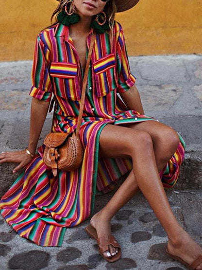 Casual Striped Printed Shirt Maxi Skirt - Riviera London