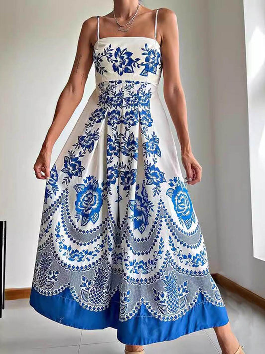 Ethnic Floral Print Back Smocked Loose Midi Dress - Riviera London