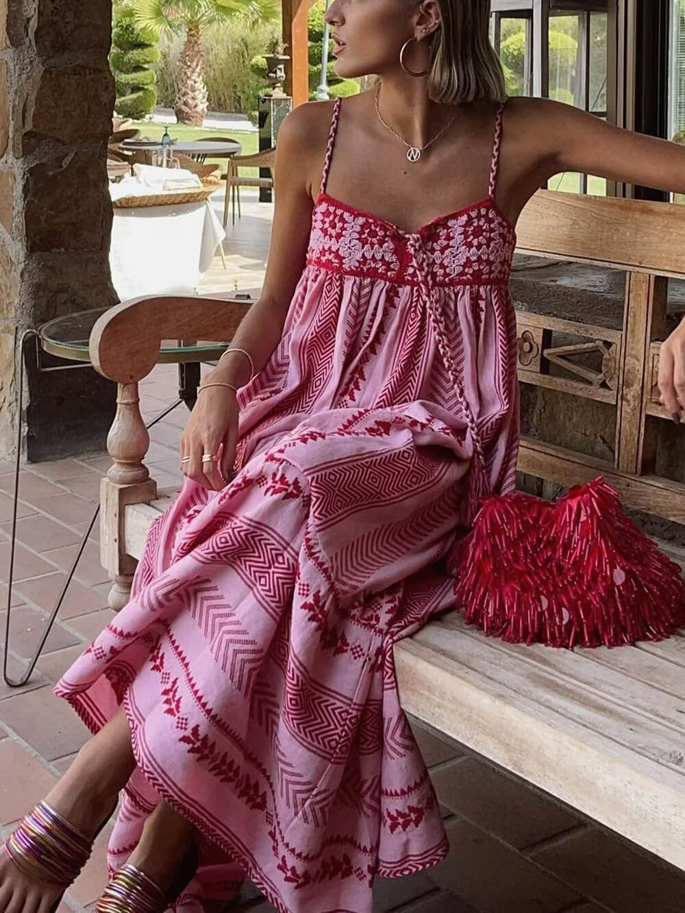 Crochet Patchwork Ethnic Style Knitted Slip Maxi Dress - Riviera London