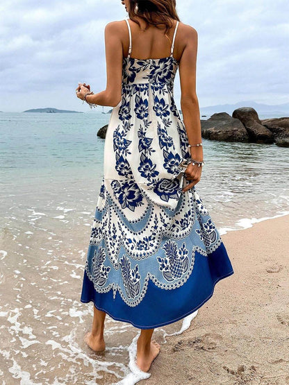 Ethnic Floral Print Back Smocked Loose Midi Dress - Riviera London