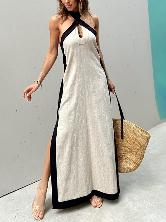 Halter Neck Slit Color Block Maxi Dress - Riviera London