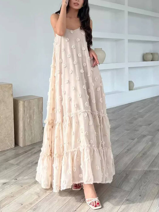 Flower Decor Pretty A-Line Layered Loose Maxi Dress - Riviera London