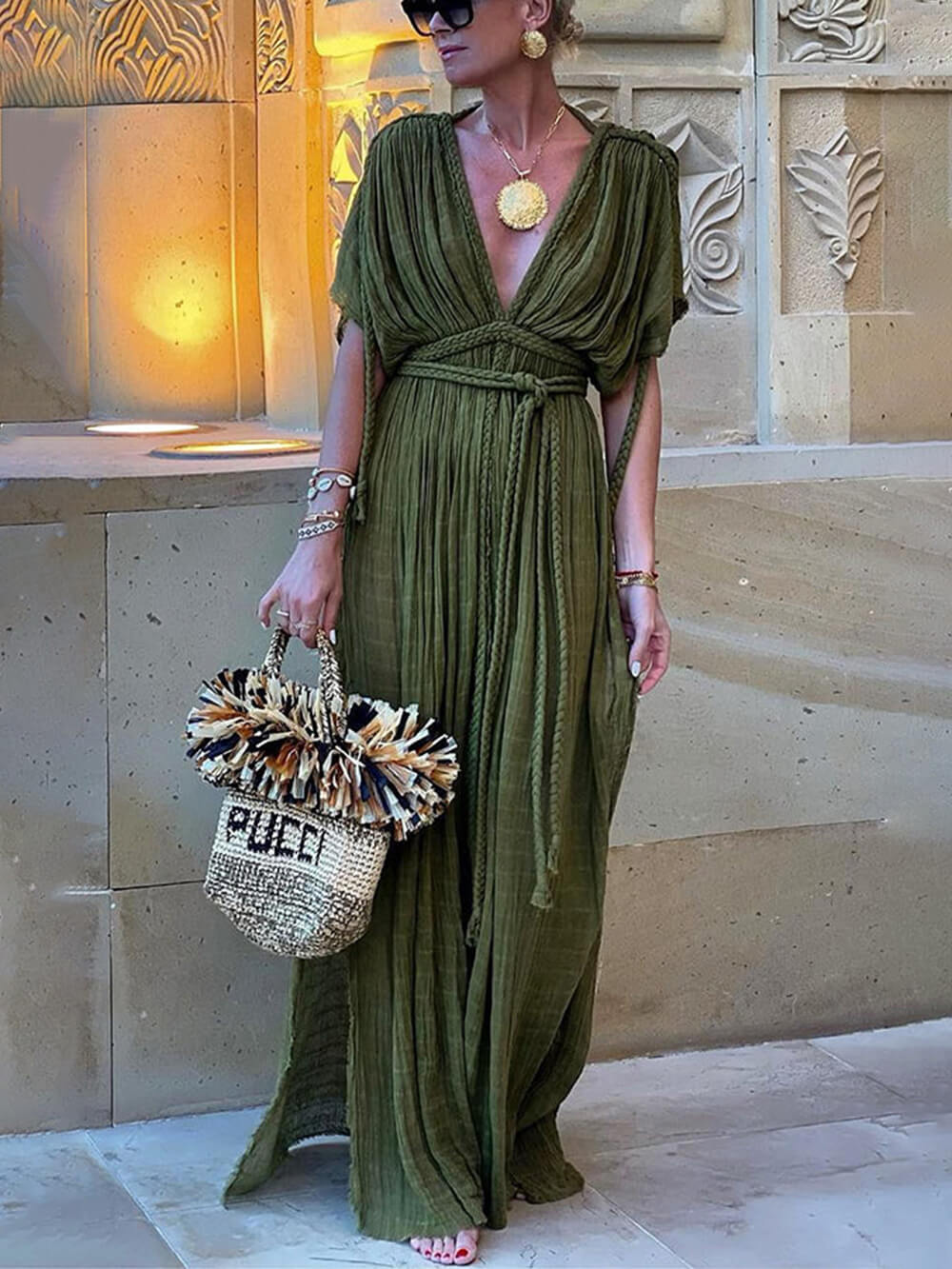 Kimono Draped Braids Cover Up Slit Maxi Dress - Riviera London