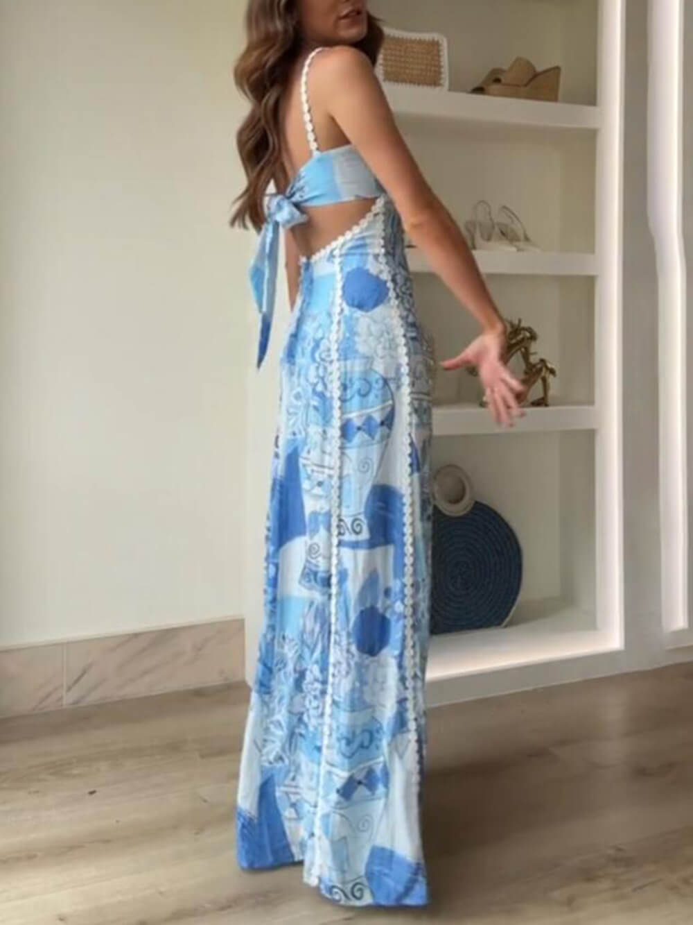 Halter Straps Lace Patchwork Printed Back Tie Halter Flare Maxi Dresses - Riviera London