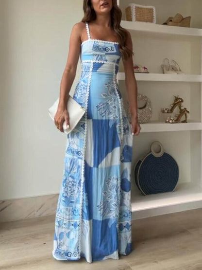 Halter Straps Lace Patchwork Printed Back Tie Halter Flare Maxi Dresses - Riviera London