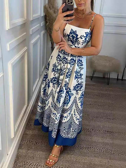 Ethnic Floral Print Back Smocked Loose Midi Dress - Riviera London