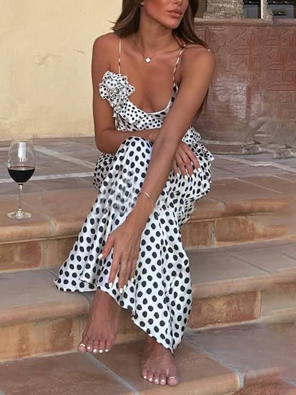 Polka Dot Print Fantasy Guipure Ruffled Suspender Maxi  Dress - Riviera London