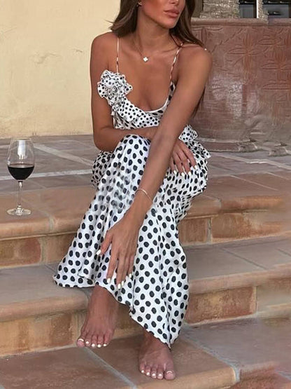 Polka Dot Print Fantasy Guipure Ruffled Suspender Maxi  Dress - Riviera London
