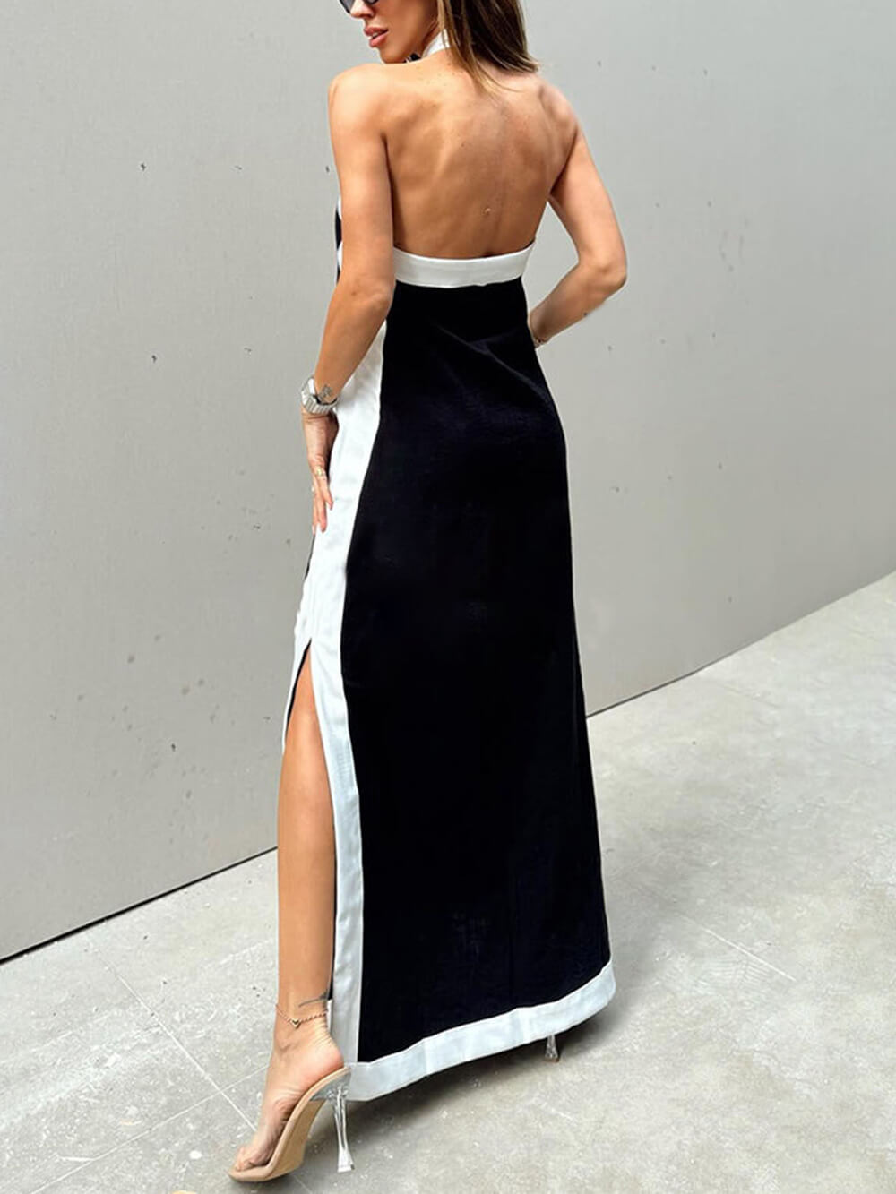 Halter Neck Slit Color Block Maxi Dress - Riviera London