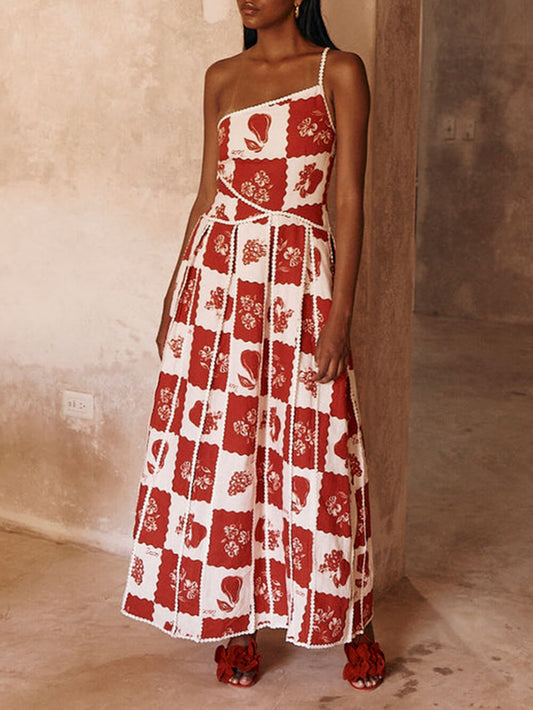 Unique Printed Floral Trim One Shoulder Flared Maxi Dress - Riviera London