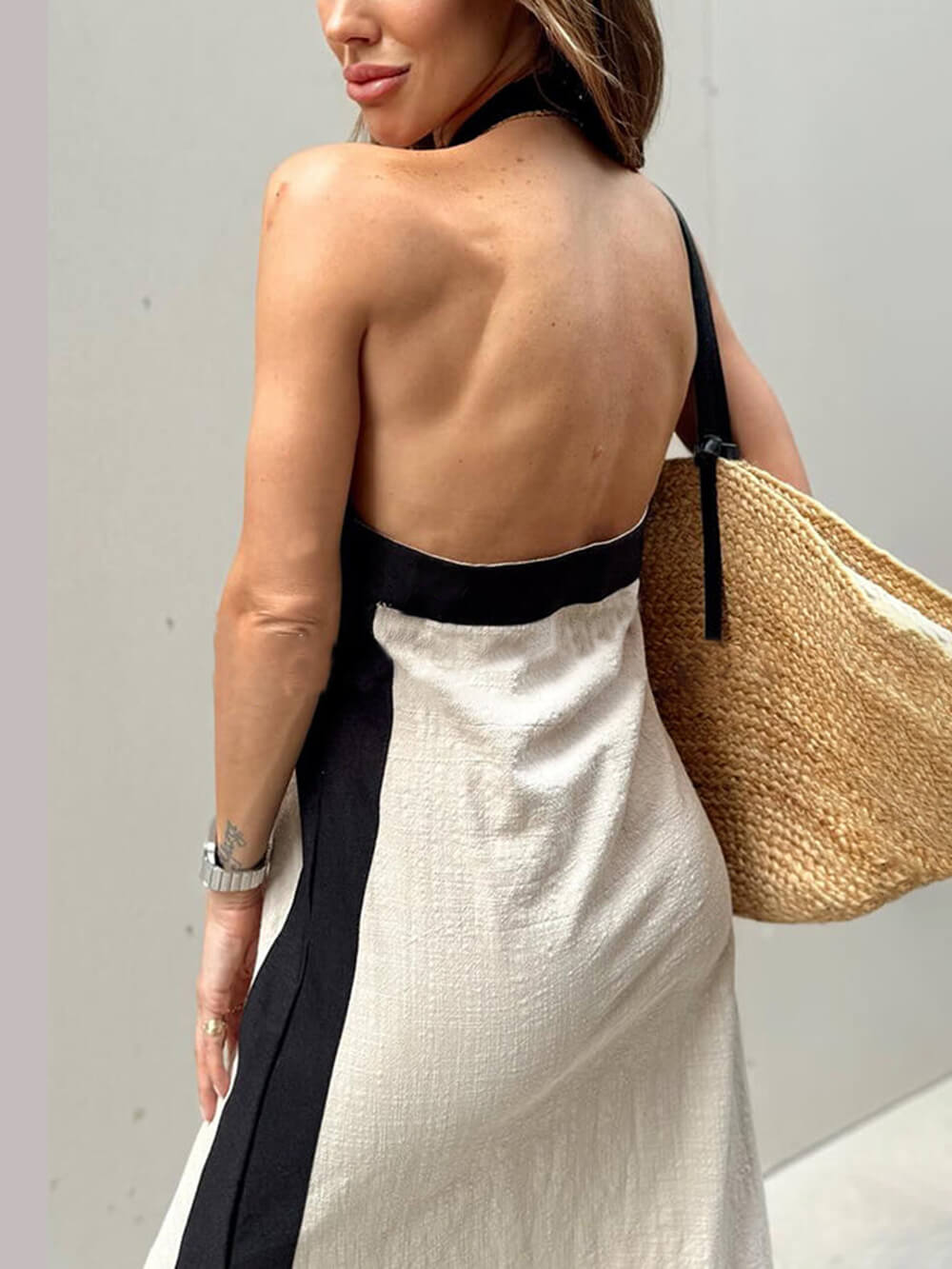 Halter Neck Slit Color Block Maxi Dress - Riviera London