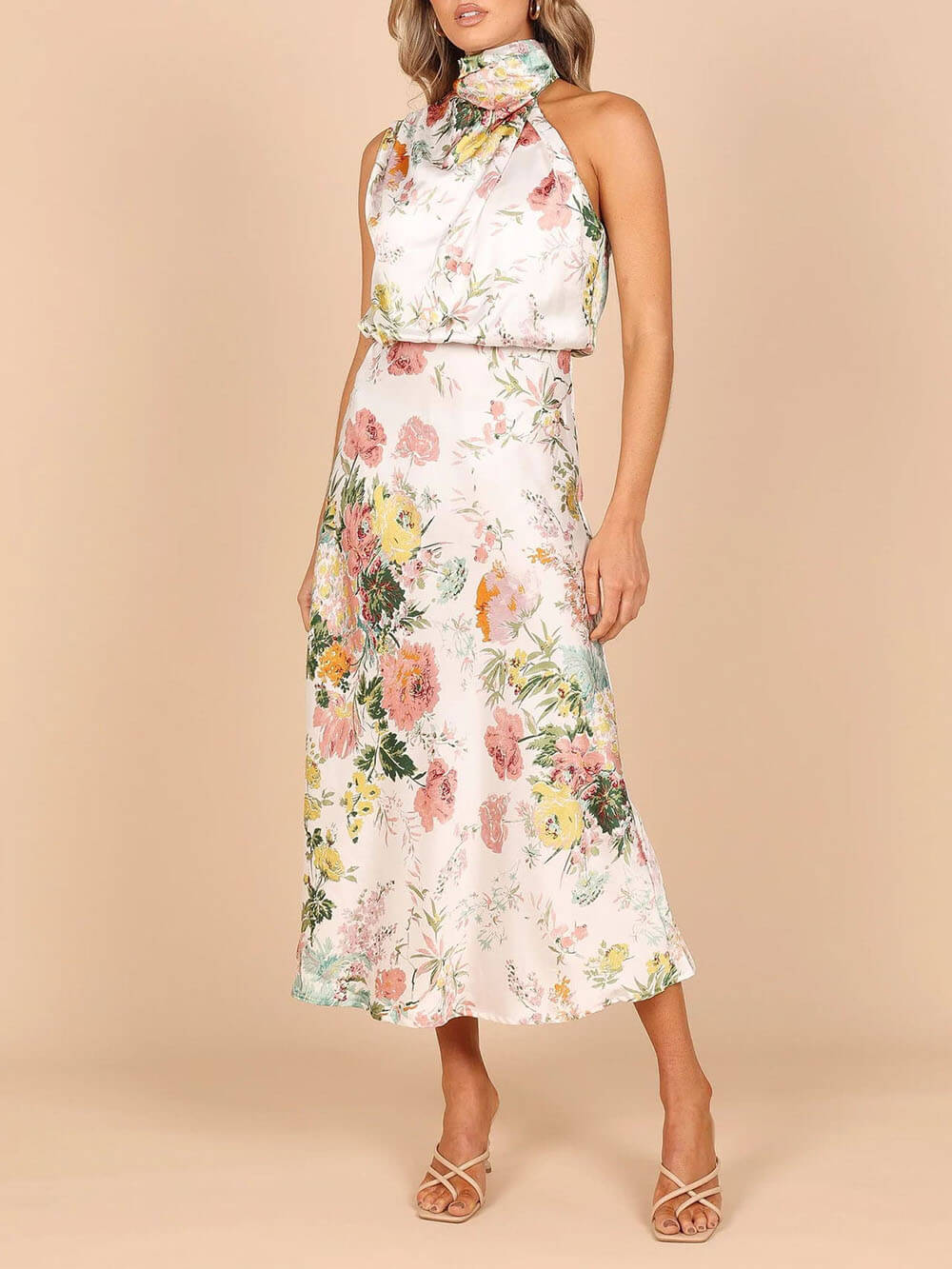 Halter Neck Floral Elastic Waist Maxi Dress - Riviera London