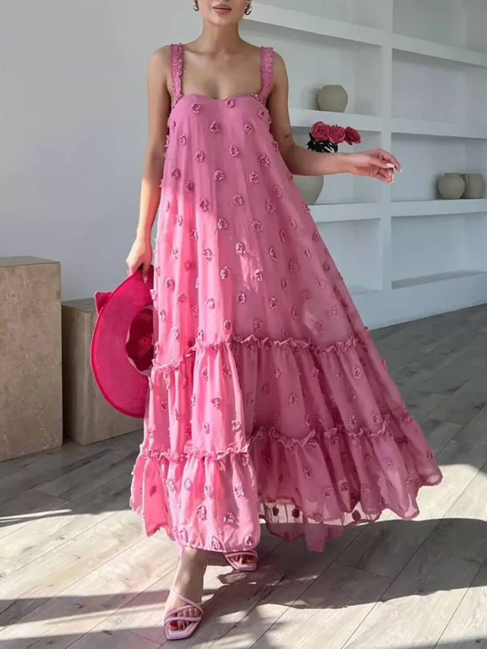 Flower Decor Pretty A-Line Layered Loose Maxi Dress - Riviera London