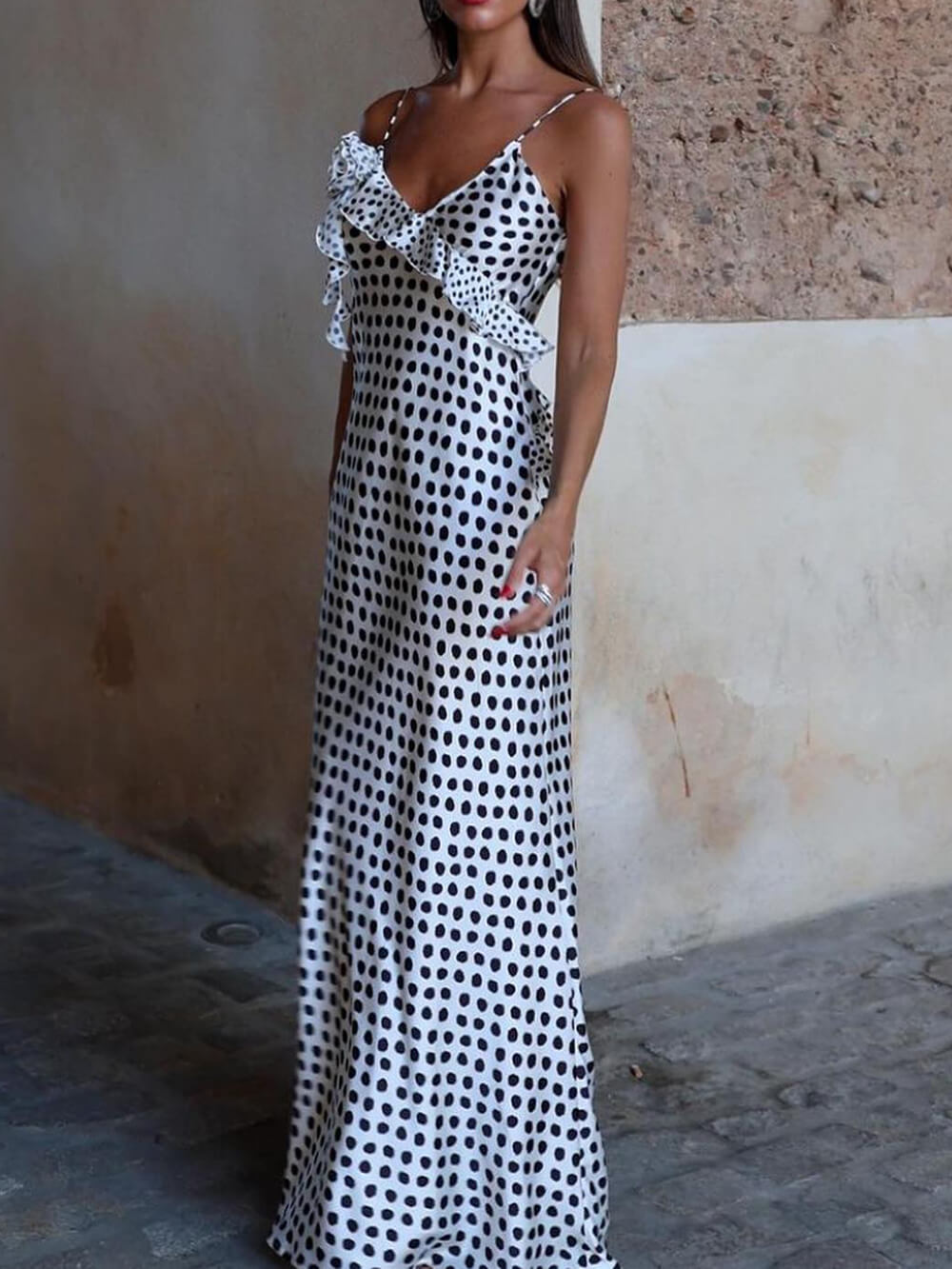 Polka Dot Print Fantasy Guipure Ruffled Suspender Maxi  Dress - Riviera London
