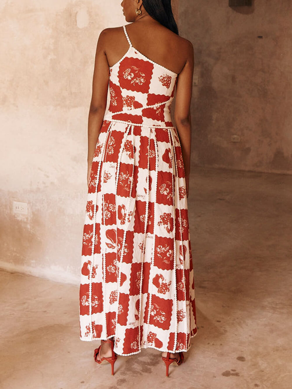 Unique Printed Floral Trim One Shoulder Flared Maxi Dress - Riviera London