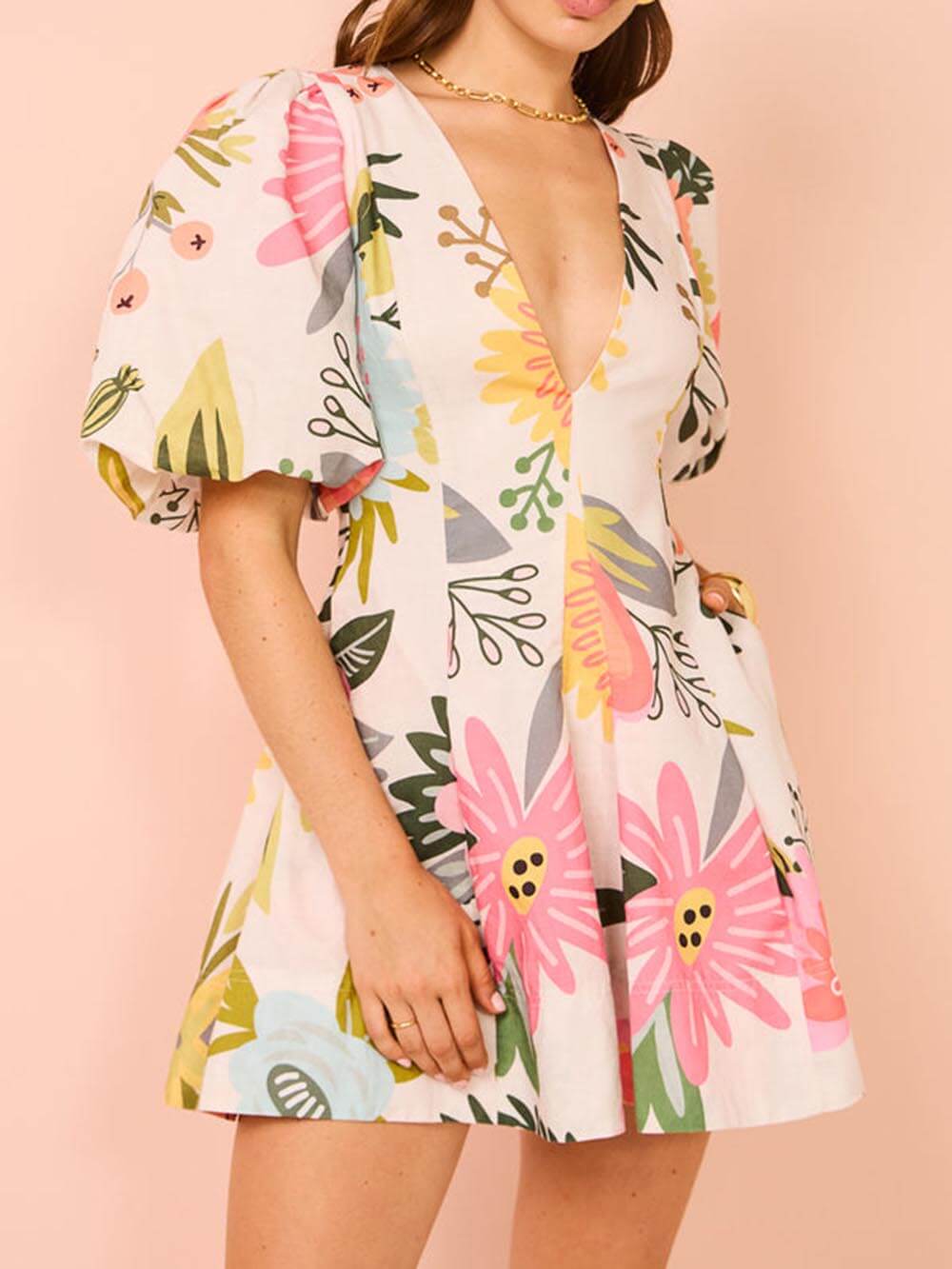 Puff Sleeve Floral Print Pocketed Mini Dress - Riviera London