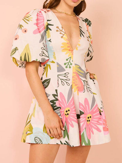 Puff Sleeve Floral Print Pocketed Mini Dress - Riviera London