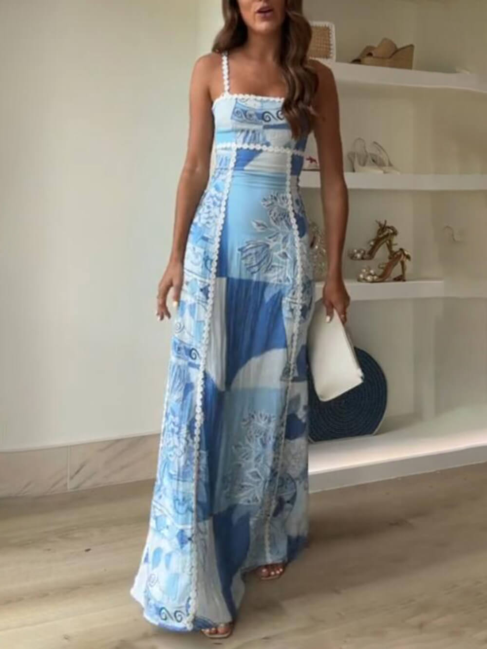 Halter Straps Lace Patchwork Printed Back Tie Halter Flare Maxi Dresses - Riviera London