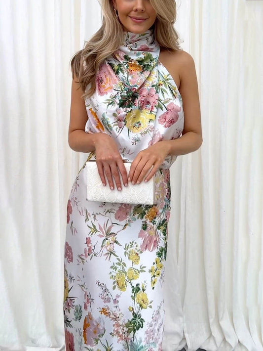 Halter Neck Floral Elastic Waist Maxi Dress - Riviera London