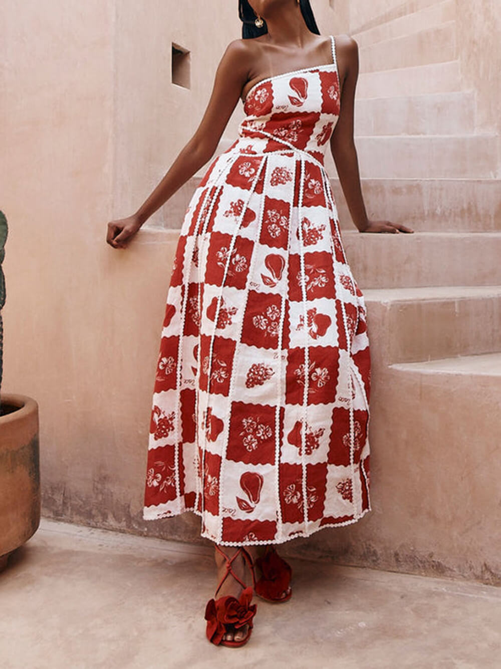 Unique Printed Floral Trim One Shoulder Flared Maxi Dress - Riviera London