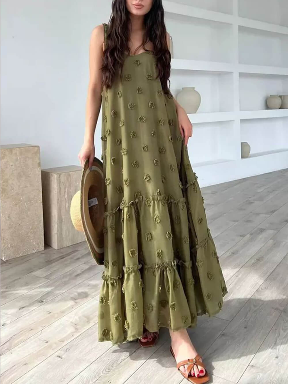 Flower Decor Pretty A-Line Layered Loose Maxi Dress - Riviera London