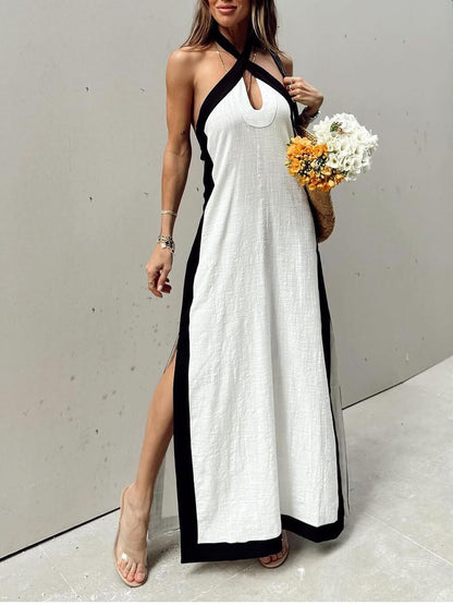 Halter Neck Slit Color Block Maxi Dress - Riviera London