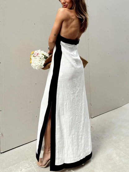 Halter Neck Slit Color Block Maxi Dress - Riviera London