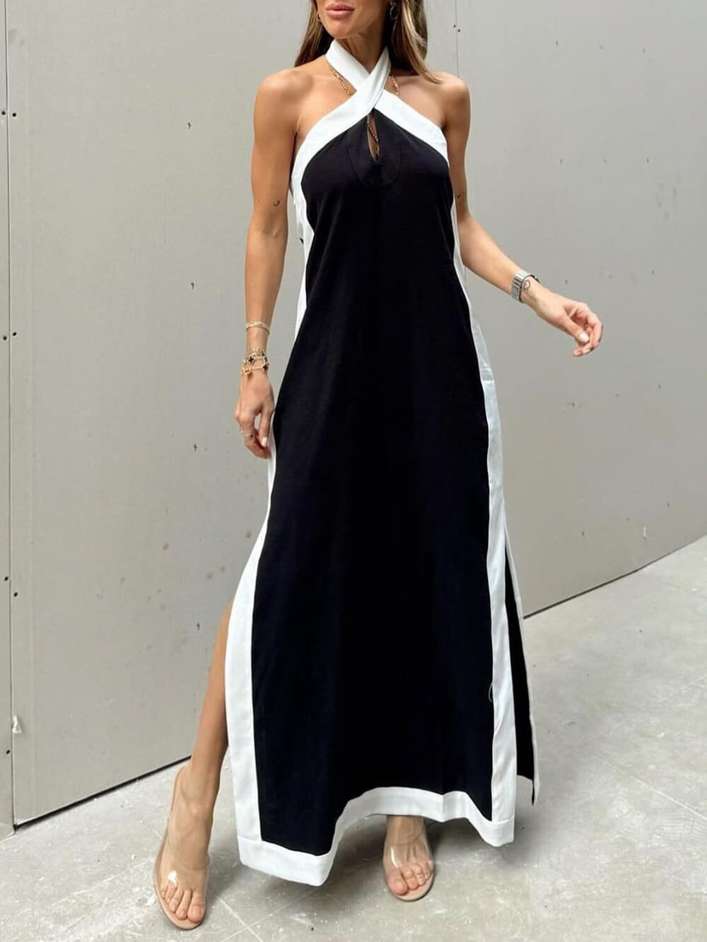 Halter Neck Slit Color Block Maxi Dress - Riviera London