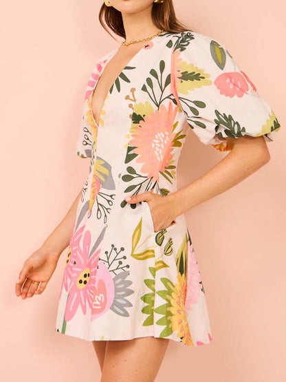 Puff Sleeve Floral Print Pocketed Mini Dress - Riviera London
