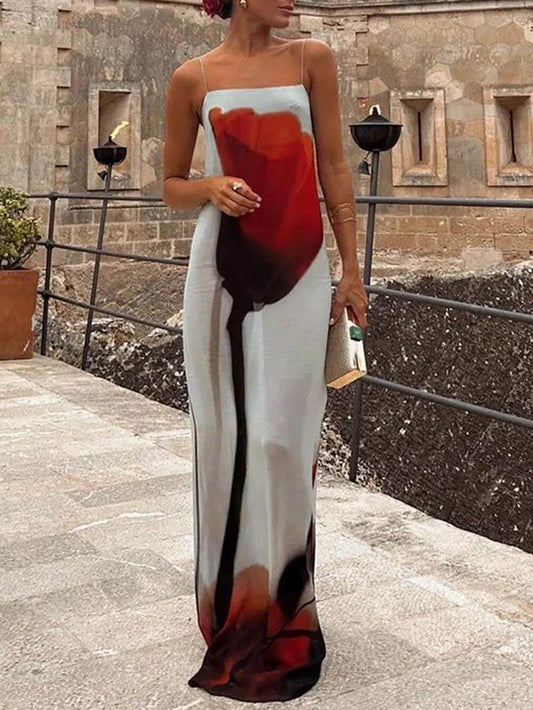 Abstract Tulip Print Vacation Slip H-Line Maxi Dress - Riviera London