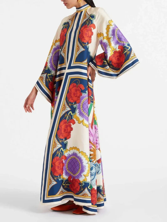 Exquisite Floral Print Draped Waterfall Sleeves Maxi Dress - Riviera London