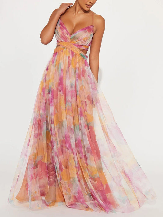 Elegant Painted Floral Print V-Neck A-Line Maxi Dress - Riviera London