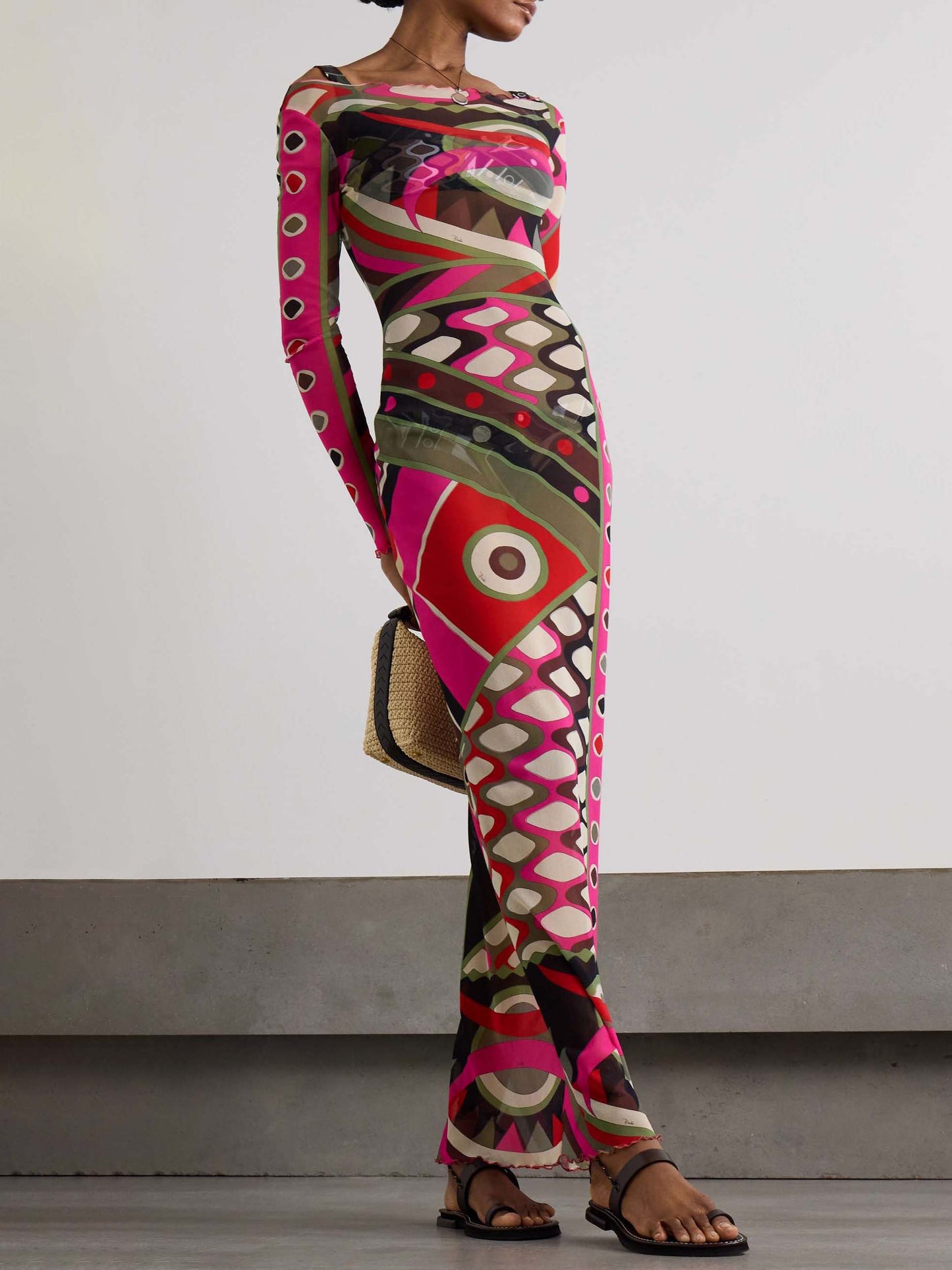 Retro Personality Abstract Print Hip-Wrapped Maxi Dress - Riviera London