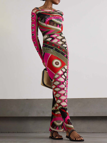 Retro Personality Abstract Print Hip-Wrapped Maxi Dress - Riviera London
