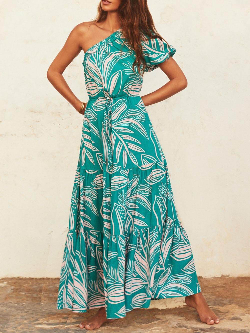 Off-Shoulder Palm Leaf Print Holiday Style Floral Dress - Riviera London