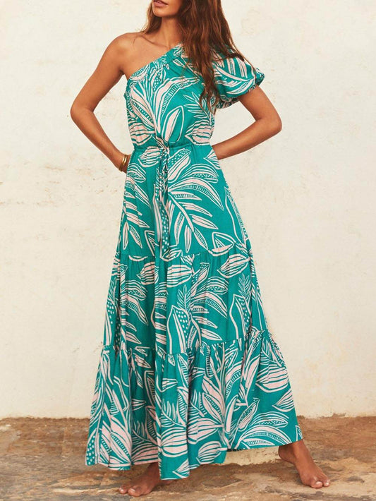 Off-Shoulder Palm Leaf Print Holiday Style Floral Dress - Riviera London