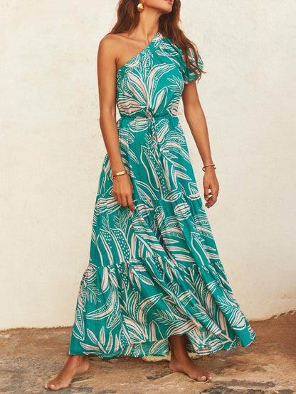 Off-Shoulder Palm Leaf Print Holiday Style Floral Dress - Riviera London