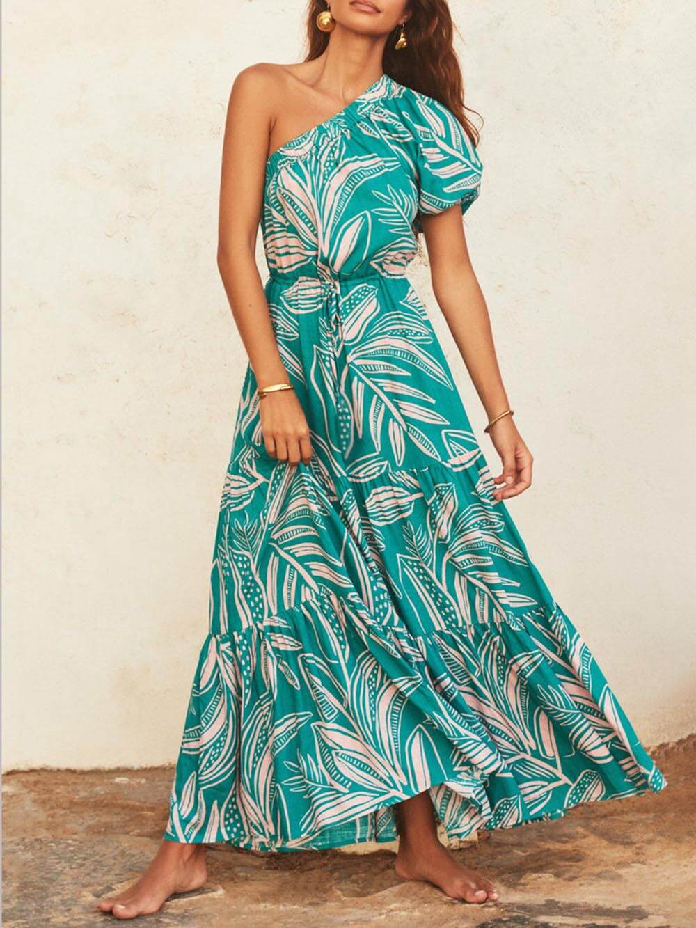 Off-Shoulder Palm Leaf Print Holiday Style Floral Dress - Riviera London