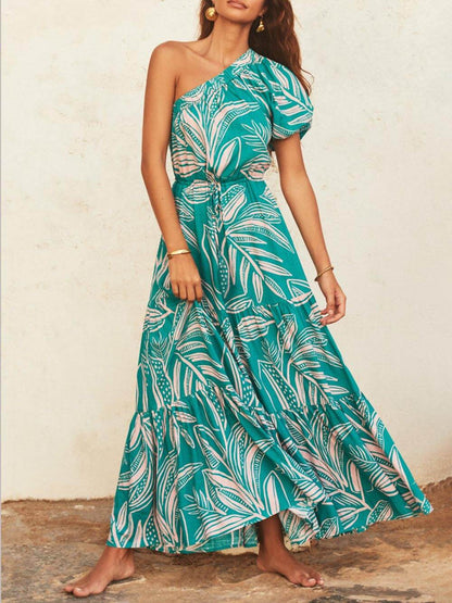 Off-Shoulder Palm Leaf Print Holiday Style Floral Dress - Riviera London