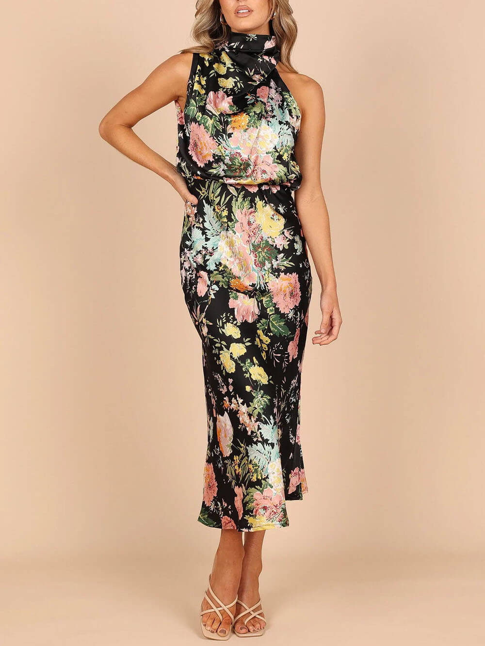 Halter Neck Floral Elastic Waist Maxi Dress - Riviera London