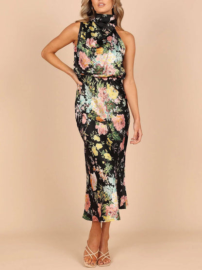 Halter Neck Floral Elastic Waist Maxi Dress - Riviera London