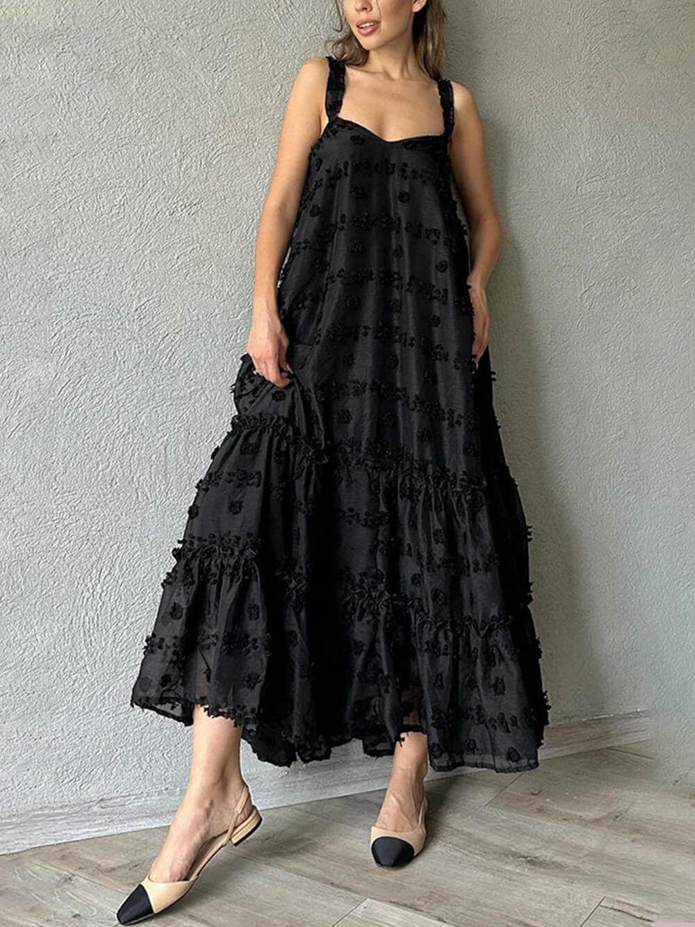 Flower Decor Pretty A-Line Layered Loose Maxi Dress - Riviera London