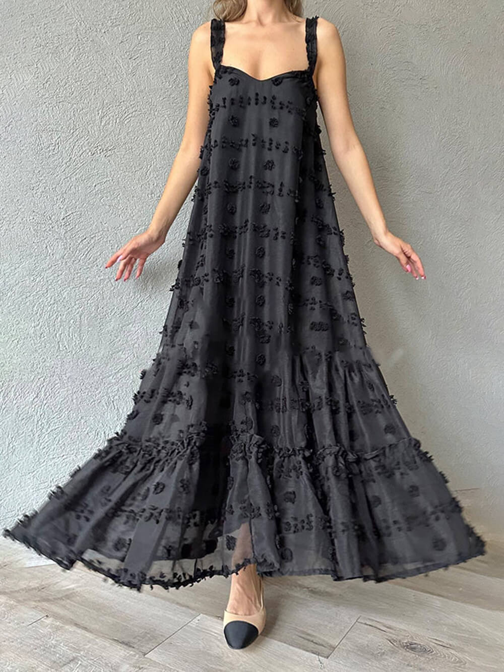 Flower Decor Pretty A-Line Layered Loose Maxi Dress - Riviera London
