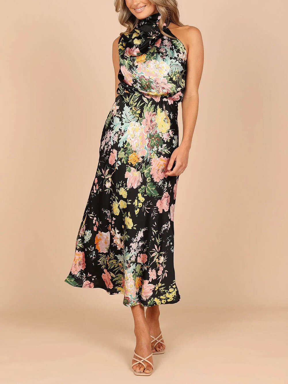 Halter Neck Floral Elastic Waist Maxi Dress - Riviera London
